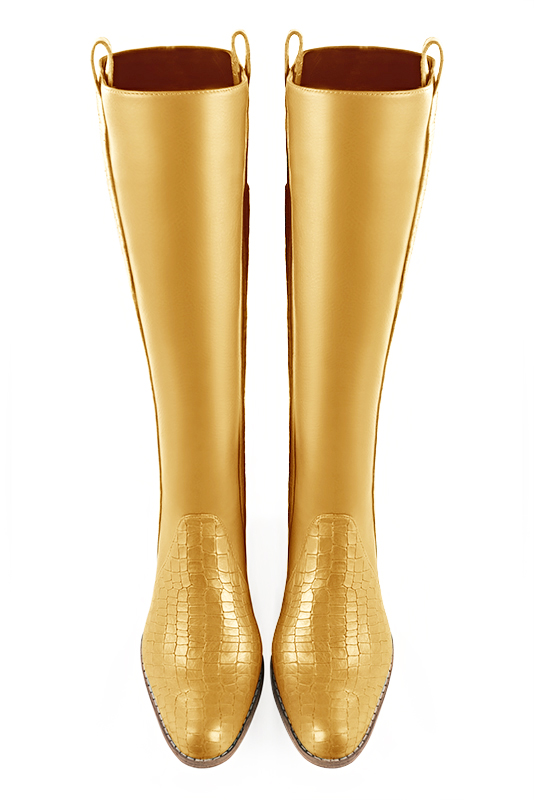 Mustard yellow women's riding knee-high boots. Round toe. Low leather soles. Made to measure. Top view - Florence KOOIJMAN